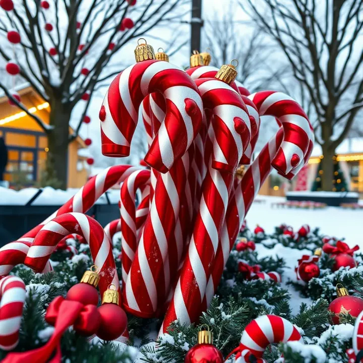Oversized Candy Cane Ornaments in Outdoor Winter Setting Cluster of oversized candy cane ornaments made from glossy red and white materials displayed outdoors during winter