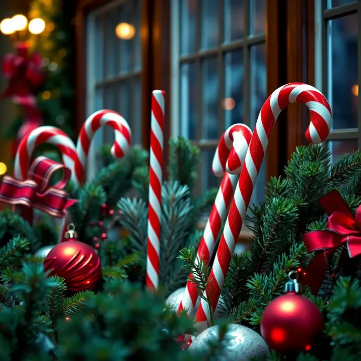 Festive Display with Large Candy Cane Sticks and Seasonal Greenery Decorative arrangement featuring oversized candy cane sticks with pine branches and holiday ornaments