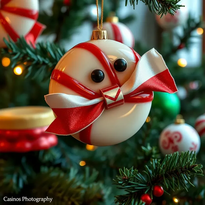Close-up of oversized candy decorations made from glossy materials hanging on festive greenery