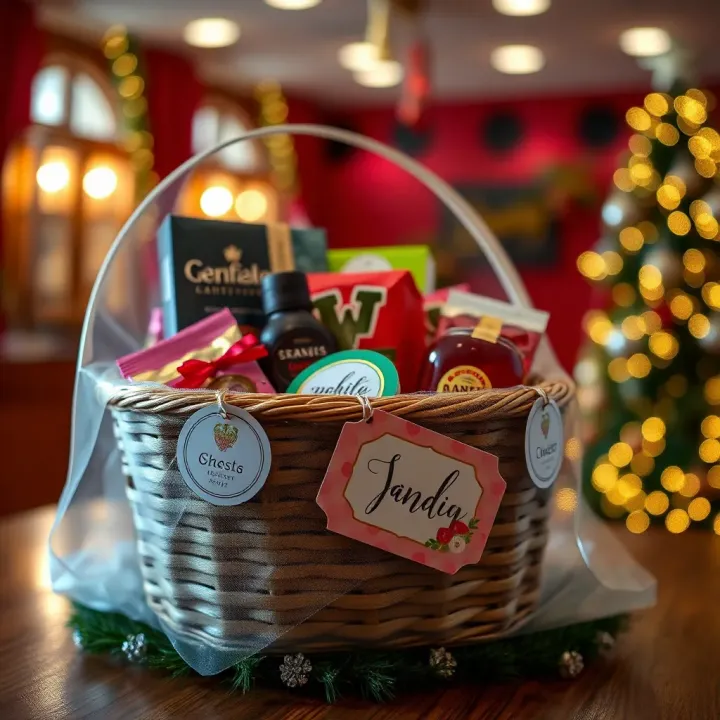 Personalized Candy Basket Wrapped for Special Occasions Elegant candy basket with personalized tags and festive wrapping for gifting