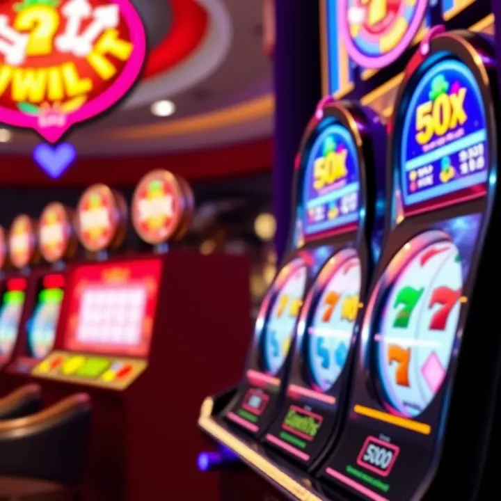 Colorful online pokies game interface with spinning reels and symbols