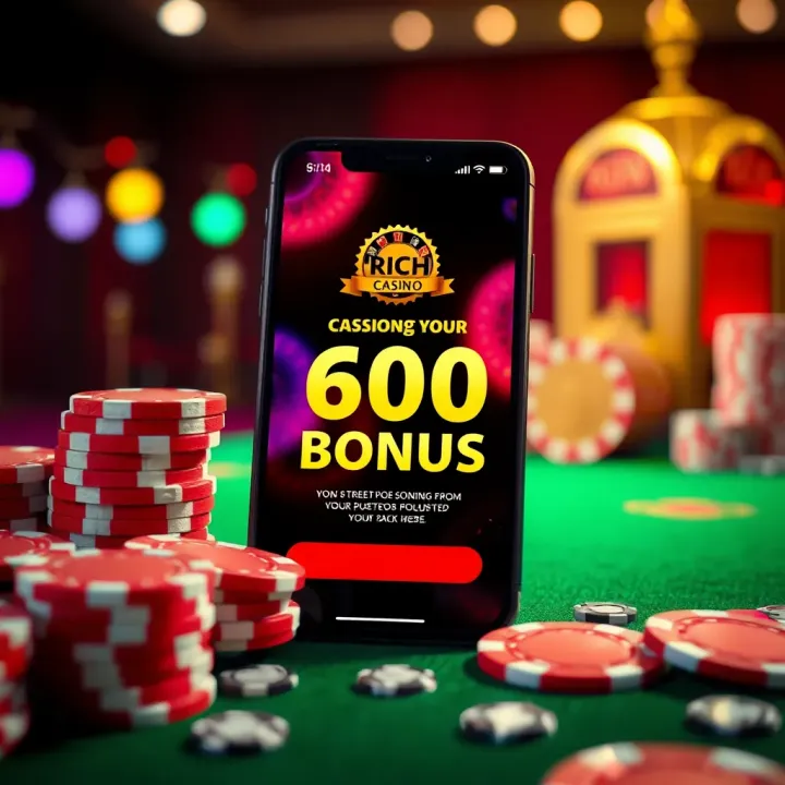 Rich Casino No Deposit Bonus Offer Overview Illustration showing casino chips and a mobile phone screen displaying a no deposit bonus offer