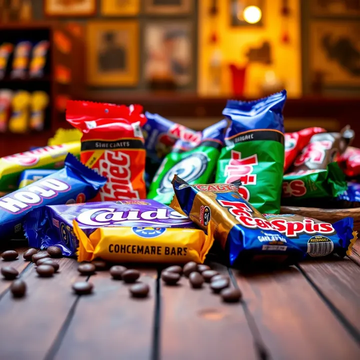Assortment of various large chocolate bars wrapped in colorful packaging displayed on a wooden table