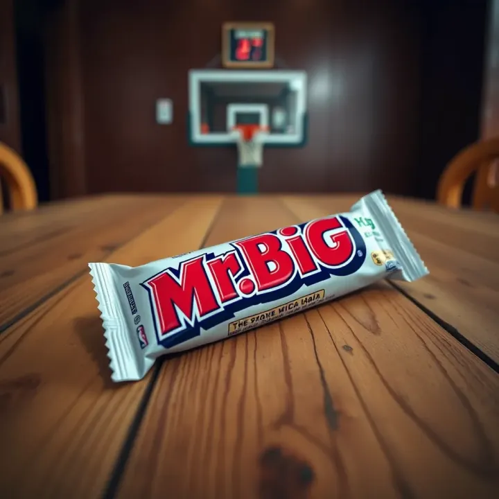Close-up view of a Mr. Big candy bar with its distinctive packaging displayed on a wooden table