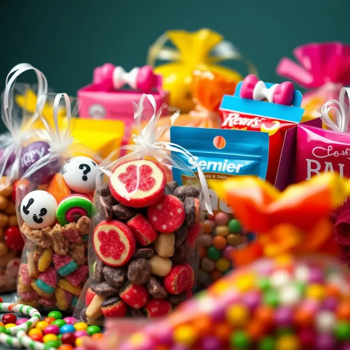 Colorful assortment of large candy bags with various sweet treats inside