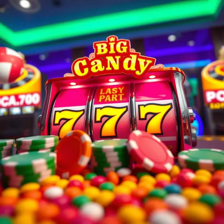 Colorful casino chips and candy-themed slot machine symbols representing Big Candy Casino bonuses