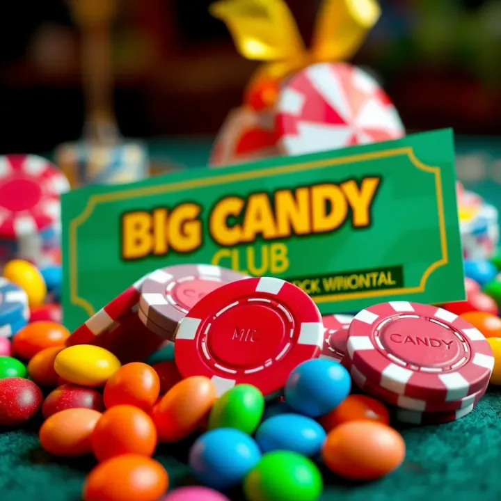 Colorful candy pieces surrounding casino chips and a bonus voucher