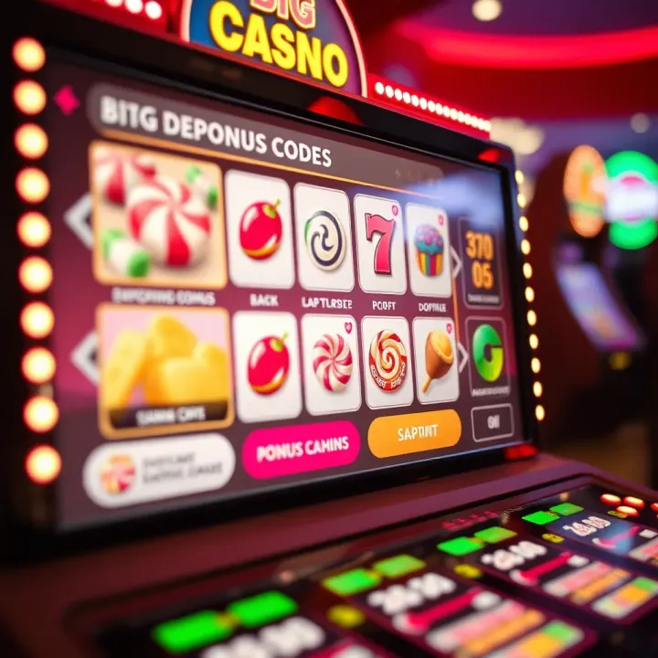 Digital interface displaying various deposit bonus code options with candy-themed graphics