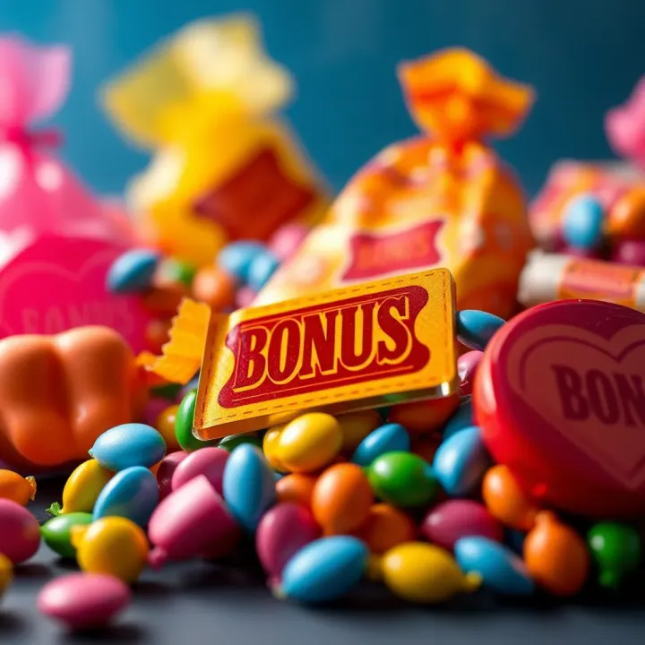 Candy Products Featuring Bonus Rewards Promotional Tags Colorful candy products with promotional tags indicating bonus rewards