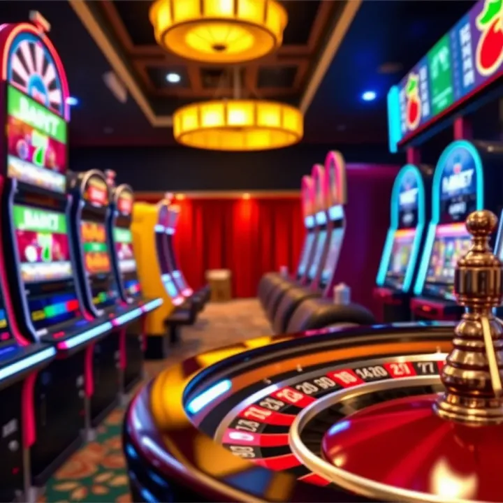 Assortment of casino slot machines and roulette wheel