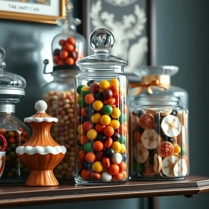 Various styles of big candy jars including ceramic and glass displayed on a decorative shelf