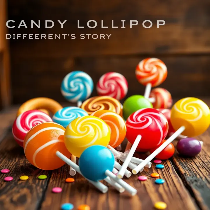 Variety of large candy lollipops in multiple flavors and shapes arranged on a rustic wooden table showcasing their bright colors and glossy surfaces