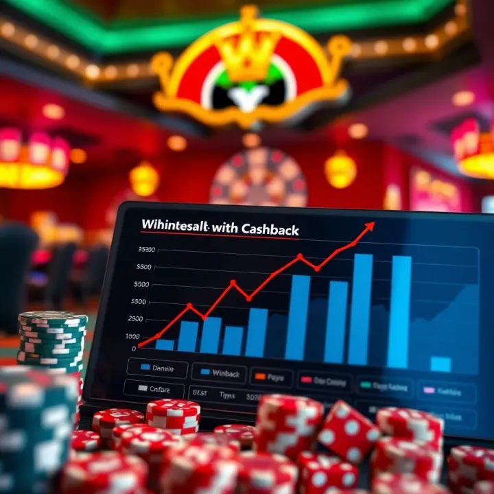 Illustration of a casino bankroll with charts showing growth from cashback offers